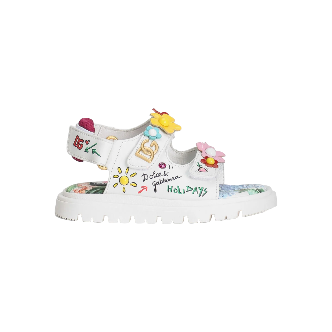 KIDS PRINTED CALFSKIN SANDALS WITH FLOWERS AND DG LOGO